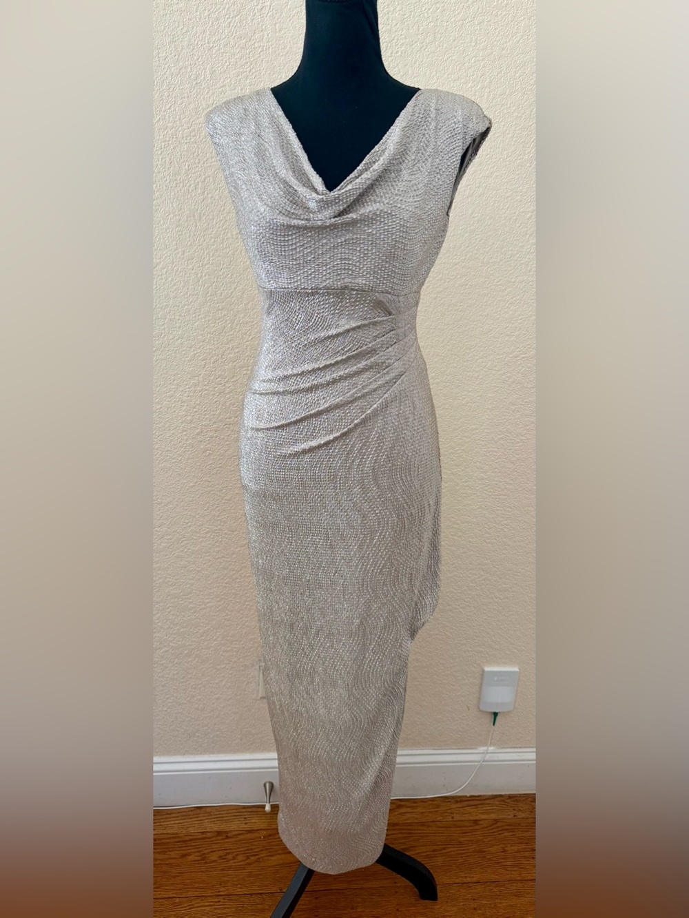 Vintage Lauren Ralph Lauren Evening Metallic Silver Cowl Neck Ruched Maxi Gown S